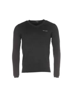 Pyjama long en coton marine à rayures pourvu d'une coupe droite et d'un col v