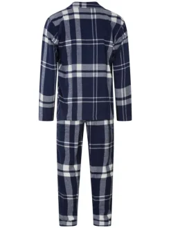 Pyjama long en coton marine à tartan avec une coupe droite et un col français