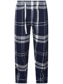 Pyjama long en coton marine à tartan avec une coupe droite et un col français