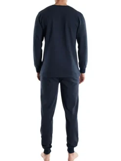 Pyjama long en coton marine uni coupe ajustée col V avec un logo sur la poitrine