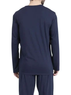 Pyjama long en coton marine uni pourvu d'une coupe droite et d'un col tunisien