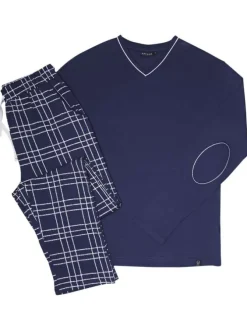 Pyjama Long en coton marine vichy avec une coupe régular et un col v