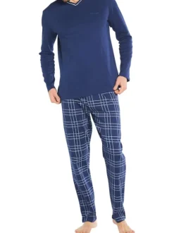 Pyjama Long en coton marine vichy avec une coupe régular et un col v