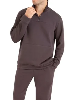 Pyjama long en coton mélangé anthracite uni avec coupe droite et col montant