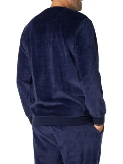 Pyjama long en coton mélangé bleu marine en velours à col rond