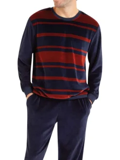 Pyjama long en coton mélangé marine rayé avec une coupe droite et un col rond