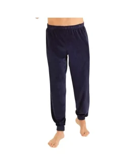Pyjama long en coton mélangé marine rayé avec une coupe droite et un col rond