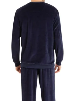 Pyjama long en coton mélangé marine rayé avec une coupe droite et un col rond