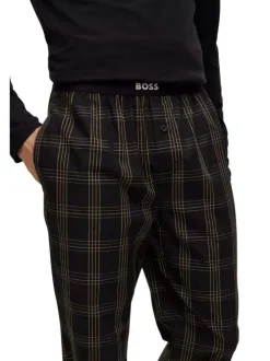 Pyjama Long en coton mélangé noir à carreaux avec une coupe fermée et col rond
