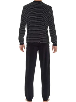 Pyjama long en coton mélangé noir en velours rayé avec un col rond