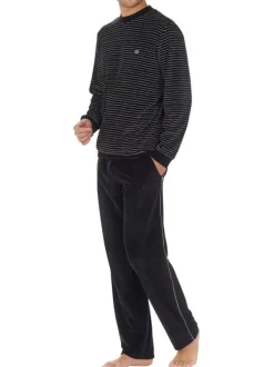 Pyjama long en coton mélangé noir en velours rayé avec un col rond