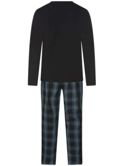 Pyjama Long en coton noir à carreaux avec une coupe fermée et un col rond