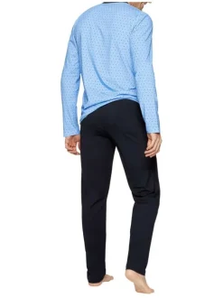 Pyjama long en coton noir et bleu ciel uni à coupe droite, col V et taille élastiquée