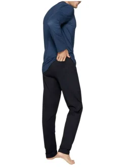 Pyjama long en coton noir et bleu denim uni à coupe droite, col V et taille élastiquée
