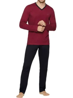 Pyjama long en coton noir et bordeaux uni à coupe droite, col V et taille élastiquée