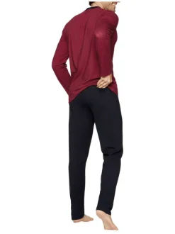 Pyjama long en coton noir et bordeaux uni à coupe droite, col V et taille élastiquée