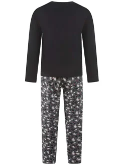 Pyjama long en coton noir et fleuri avec une coupe droite et un col rond