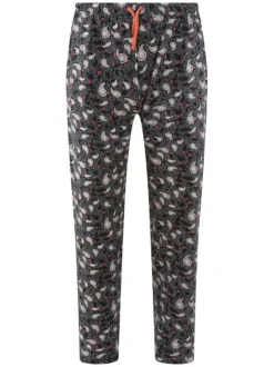 Pyjama long en coton noir et fleuri avec une coupe droite et un col rond