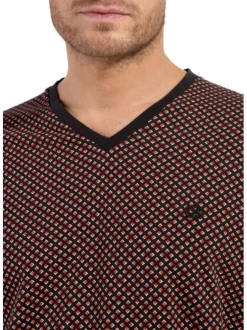 Pyjama long en coton noir imprimé géométrique avec coupe fermée et col v