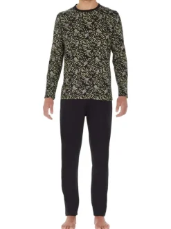 Pyjama long en coton noir imprimé jungle avec un col rond et coupe fermée