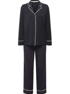 Pyjama long en coton noir uni avec une coupe droite, un col à revers et des manches longues