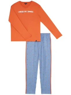 Pyjama long en coton orange avec une coupe droite et un col V