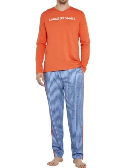 Pyjama long en coton orange avec une coupe droite et un col V
