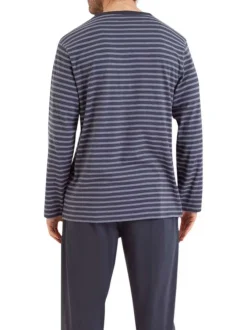 Pyjama long en coton parme rayé avec une coupe droite et un col V