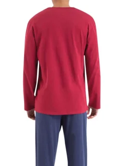 Pyjama long en coton prune rayé avec une coupe droite et un col tunisien