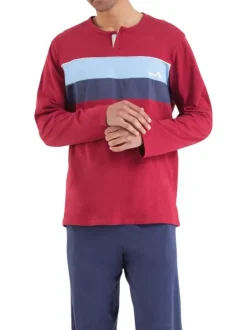 Pyjama long en coton prune rayé avec une coupe droite et un col tunisien