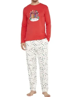 Pyjama long en coton rouge avec une coupe droite et un col V