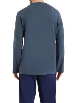 Pyjama long en coton rouge bicolore à coupe droite et col tunisien ouvert