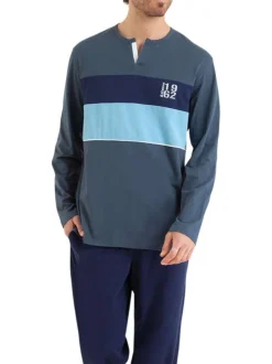 Pyjama long en coton rouge bicolore à coupe droite et col tunisien ouvert