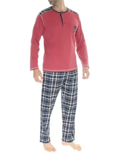 Pyjama long en coton rouge à carreaux avec une coupe droite et un col tunisien