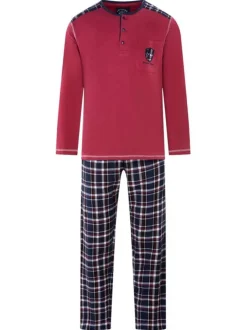 Pyjama long en coton rouge à carreaux avec une coupe droite et un col tunisien