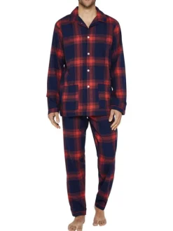Pyjama long en coton rouge et marine à carreaux avec une coupe droite