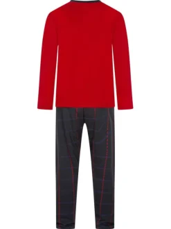 Pyjama long en coton rouge uni avec une coupe droite et un col rond