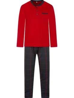 Pyjama long en coton rouge uni avec une coupe droite et un col rond