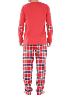 Pyjama Long en coton rouge vichy coupe régular avec un col rond et une ceinture rouge