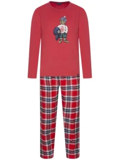 Pyjama Long en coton rouge vichy coupe régular avec un col rond et une ceinture rouge