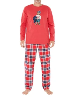Pyjama Long en coton rouge vichy coupe régular avec un col rond et une ceinture rouge