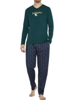 Pyjama long en coton sapin avec une coupe droite et un col V