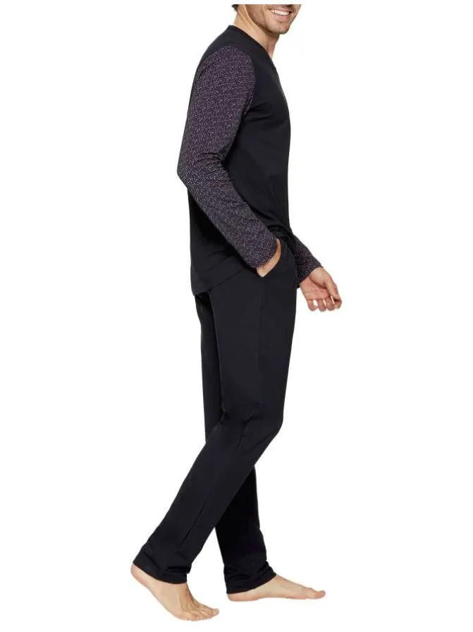 Pyjama long en coton à tee-shirt bicolore à coupe droite, col V et pantalon droit taille élastiquée