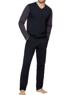 Pyjama long en coton à tee-shirt bicolore à coupe droite, col V et pantalon droit taille élastiquée