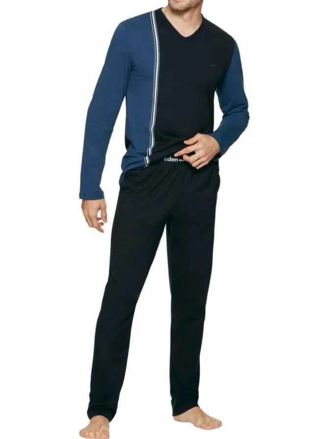 Pyjama long en coton à tee-shirt bicolore à coupe droite, col V et taille élastiquée à imprimé logo