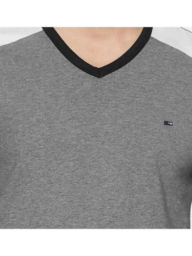 Pyjama long en coton à tee-shirt bicolore à coupe droite, col V et taille élastiquée à imprimé logo