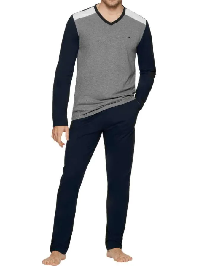 Pyjama long en coton à tee-shirt bicolore à coupe droite, col V et taille élastiquée à imprimé logo