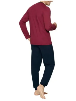 Pyjama long en coton à tee-shirt bordeaux à coupe droite, col rond et pantalon style jogging