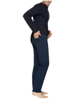 Pyjama long en coton à tee-shirt marine à coupe droite, col rond et pantalon à imprimé micro-motifs