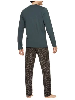 Pyjama long en coton à tee-shirt stretch à coupe droite, col V et pantalon droit taille élastiquée